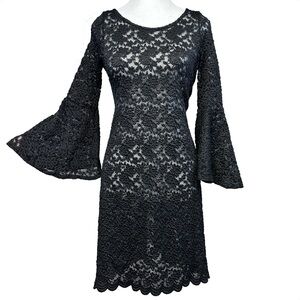 Lace Crochet Black Bell Sleeve Dress Sheer Stretchy Whimsigoth Witchy Vamp M